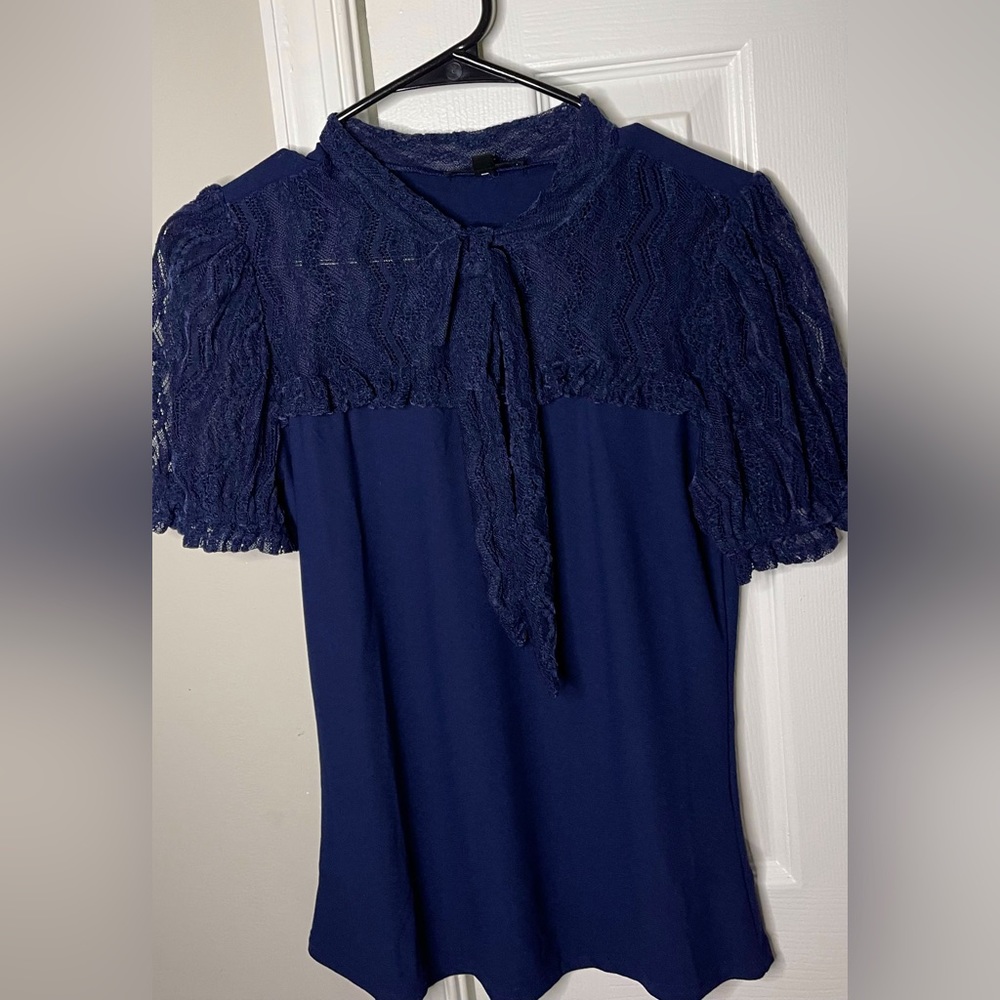 Dark Blue Short Sleeve Neck Tie Blouse